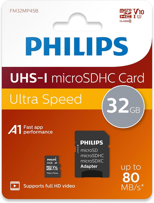 PHILIPS 32GB Micro SDHC UHS-1 U1 & V10 Class 10 Flash Memory Card with Adapter [Electronics]