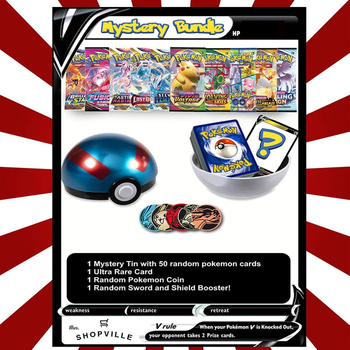 Pokemon TCG: Party Bundle  - 50 Assorted Cards in a Tin, 1 Ultra Rare Card, 1 Factory Sealed Booster Pack, 1 Coin