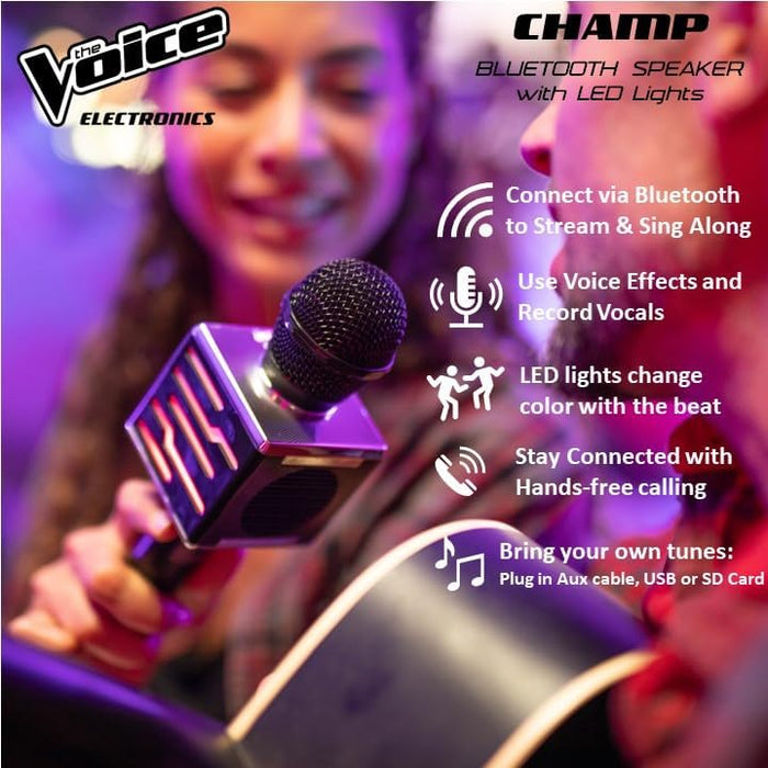 The Voice Champ Deluxe Wireless Handheld Karaoke Microphone, Speaker with LED Lights, Multiple Sound Effects, Play Music and Record Vocals…