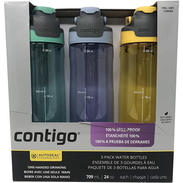 Contigo AutoSeal Tritan Water Bottles - 3 Pack - Green, Purple, Yellow [House & Home]